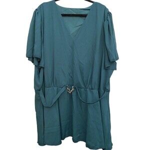 Bloomchic Size 5X Green V Neck Short Sleeve Top Gold Hardware Detail New T51